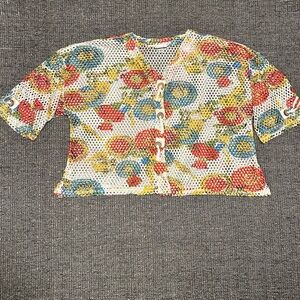 Mirror Image Open Weave Top with Multicolor Floral Trim